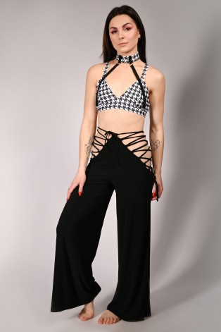 Wren Yoga Pants in black front view with side lace-up details – flowing dance pants