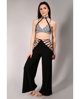 Wren Yoga Pants in black front view with side lace-up details – flowing dance pants