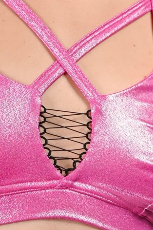 Future Top detail in hot pink– glossy fabric and decorative tie on the bust