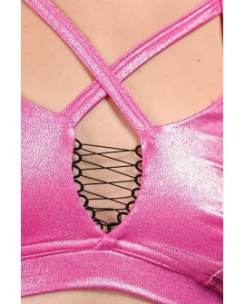Future Top detail in hot pink– glossy fabric and decorative tie on the bust