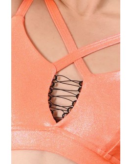Future Top detail in orange– glossy fabric and decorative tie on the bust
