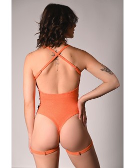 Glittery Hot Bodysuit in orange, back view – exposed cut with adjustable thigh straps