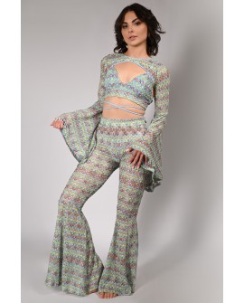 Obsessive Rave Pants front view openwork crochet wide leg dance pants stylized with Obsessive Rave Top