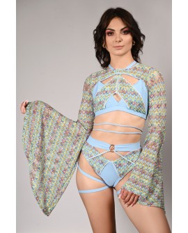 Obsessive Rave Top front view – crochet mesh dance top stylized with Queen Se