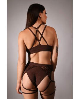 Glittery Queen Shorts back view in brown – brazilian cut glitter shorts with lace detail
