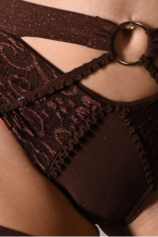 Glittery Queen Shorts detail in brown – close-up of glitter material and lace
