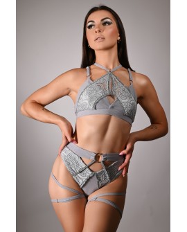 Glittery Queen Shorts front view in gray – glitter lace pole dance shorts with straps