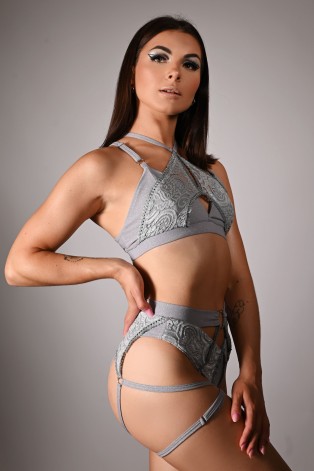 Glittery Queen Shorts side view in gray – sparkling pole shorts with adjustable thigh straps