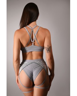Glittery Queen Shorts back view in gray – brazilian cut glitter shorts with lace detail