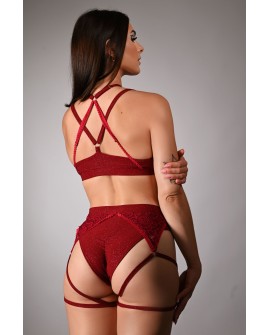 Glittery Queen Shorts back view in burgundy – brazilian cut glitter shorts with lace detail