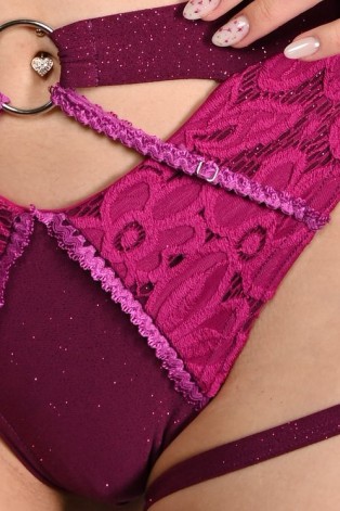 Glittery Queen Shorts detail in red plum – close-up of glitter material and lace