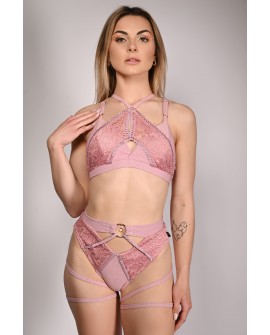 Glittery Queen Shorts front view in rose shadow – glitter lace pole dance shorts with straps