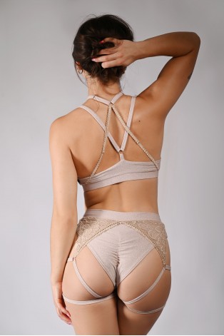 Glittery Queen Shorts back view in latte – brazilian cut glitter shorts with lace detail