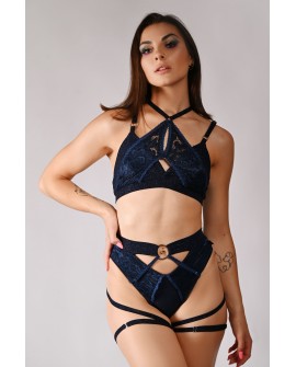 Glittery Queen Shorts front view in navy blue – glitter lace pole dance shorts with straps