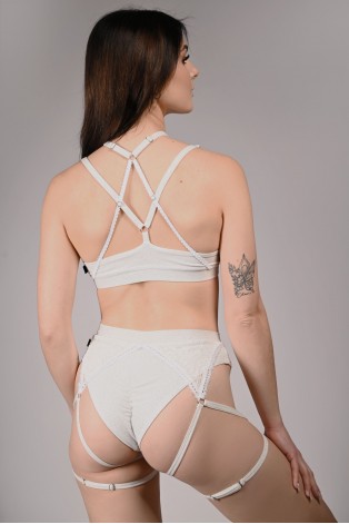 Glittery Queen Shorts back view in off-white – brazilian cut glitter shorts with lace detail