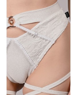 Glittery Queen Shorts detail in off-white – close-up of decorative, adjustable straps