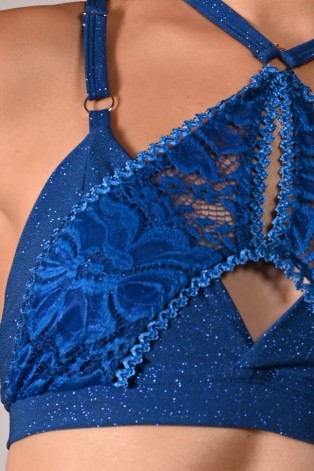 Glittery Queen Top detail in royal blue – close-up of glitter fabric and premium lace