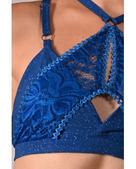 Glittery Queen Top detail in royal blue – close-up of glitter fabric and premium lace