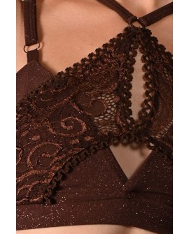 Glittery Queen Top detail in brown – close-up of glitter fabric and premium lace