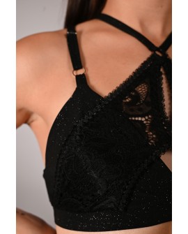 Glittery Queen Top detail in black – close-up of glitter fabric and premium lace