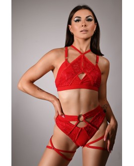 Glittery Queen Top front view in red – glitter and lace pole dance top with decorative straps
