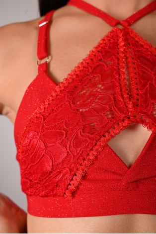 Glittery Queen Top detail in red – close-up of glitter fabric and premium lace