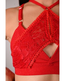 Glittery Queen Top detail in red – close-up of glitter fabric and premium lace