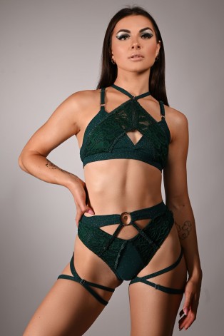 Glittery Queen Top front view in deep green – glitter and lace pole dance top with decorative straps