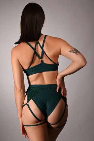 Glittery Queen Top back view in deep green – adjustable straps and elegant lace on glitter pole top