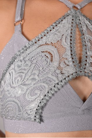 Glittery Queen Top detail in gray – close-up of glitter fabric and premium lace