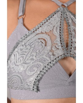 Glittery Queen Top detail in gray – close-up of glitter fabric and premium lace