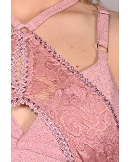 Glittery Queen Top detail in rose shadow – close-up of glitter fabric and premium lace