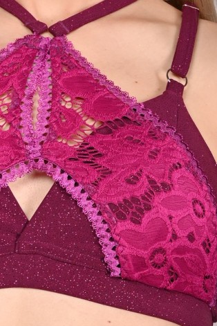 Glittery Queen Top detail in red plum – close-up of glitter fabric and premium lace
