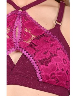 Glittery Queen Top detail in red plum – close-up of glitter fabric and premium lace