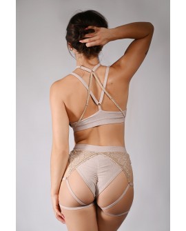 Glittery Queen Top back view in latte – adjustable straps and elegant lace on glitter pole top