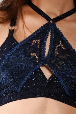 Glittery Queen Top detail in rnavy blue – close-up of glitter fabric and premium lace