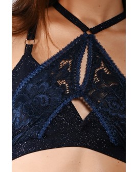 Glittery Queen Top detail in rnavy blue – close-up of glitter fabric and premium lace