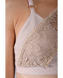 Glittery Queen Top detail in latte – close-up of glitter fabric and premium lace