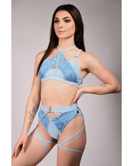 Glittery Queen Top front view in baby blue – glitter and lace pole dance top with decorative straps