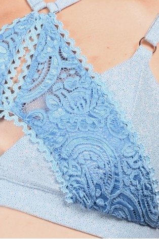 Glittery Queen Top detail in baby blue – close-up of glitter fabric and premium lace