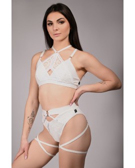 Glittery Queen Top front view in off white – glitter and lace pole dance top with decorative straps