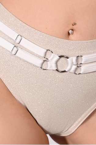 Seastar Shorts in pearl, detail glitter fabric and adjustable straps close up