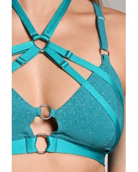 Seastar Top in turquoise, detail glitter fabric and adjustable smooth straps close up
