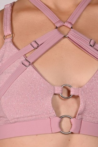 Seastar Top in rose shadow, detail glitter fabric and adjustable smooth straps close up