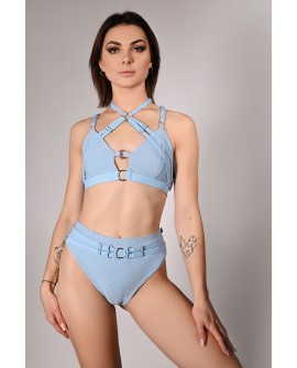 Seastar Top in baby blue, front view glitter pole dance top with adjustable straps
