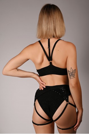 siren shorts in black, back view glitter fabric adjustable thigh straps