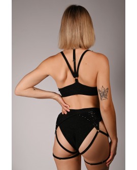 siren shorts in black, back view glitter fabric adjustable thigh straps