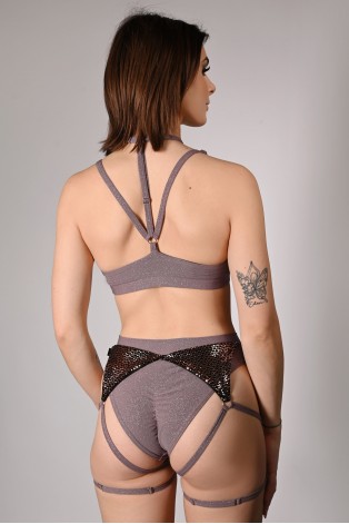 siren shorts in light brown, back view glitter fabric adjustable thigh straps
