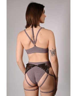 siren shorts in light brown, back view glitter fabric adjustable thigh straps
