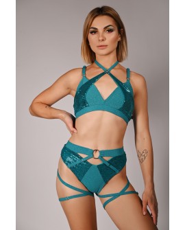 siren top glittery in turquoise, mermaid style front view with sequin scale inserts